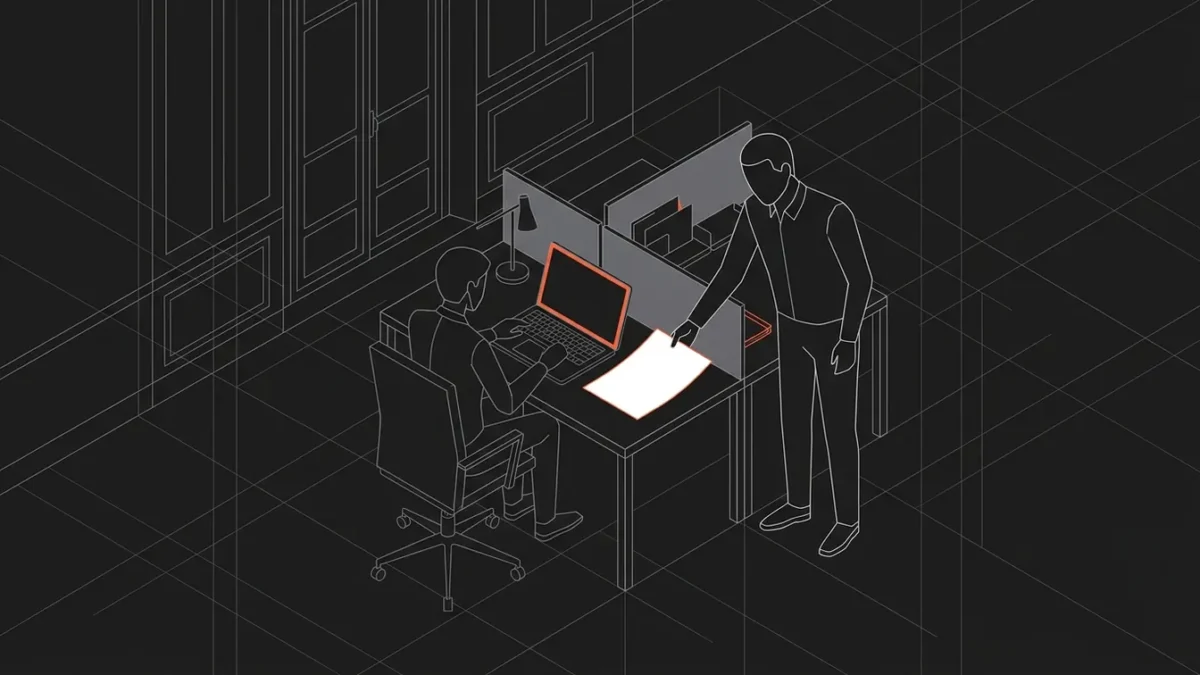 Un salarié travaille dans un bureau tandis qu’un responsable pose un document vierge près de son ordinateur.