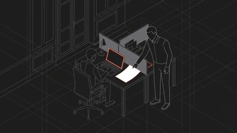 Un salarié travaille dans un bureau tandis qu’un responsable pose un document vierge près de son ordinateur.